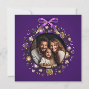 Purple and Gold Photo Wreath Holiday Card