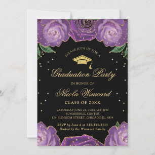 Purple and Gold Roses Border Floral Graduation Invitation