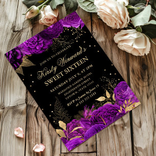 Purple and Gold Roses Border Floral Sweet Sixteen Invitation
