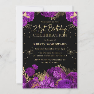 Purple and Gold Roses Floral 21st birthday Invitation