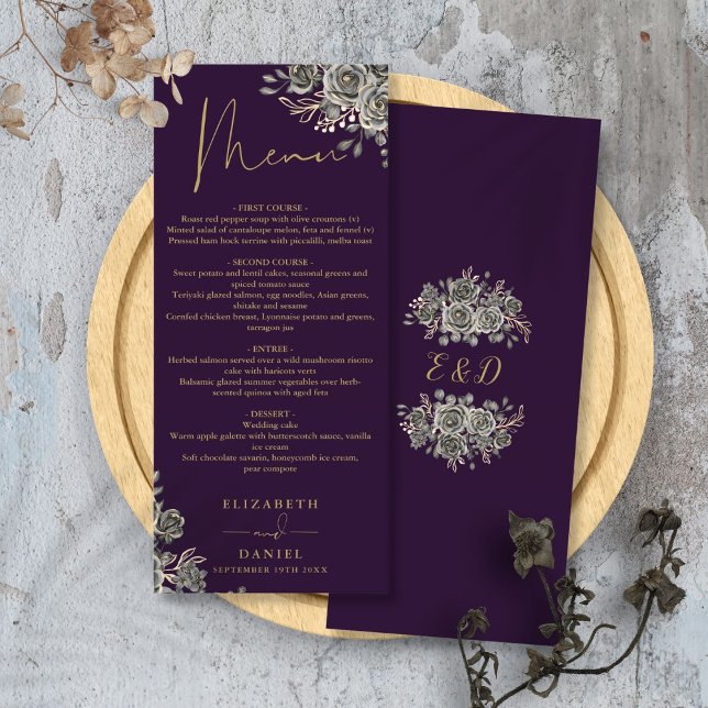 Purple And Gold Roses Floral Gothic Wedding Dinner Menu (Purple And Gold Roses Floral Gothic Wedding Dinner Menu)