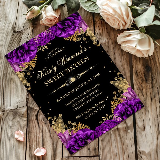 Purple and Gold Roses Floral Sweet Sixteen Invitation (Creator Uploaded)