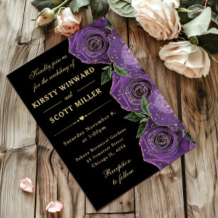 Purple and Gold Roses Floral Wedding Invitation