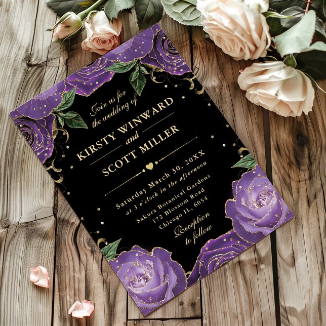 Purple and Gold Roses Floral Wedding Invitation (Creator Uploaded)