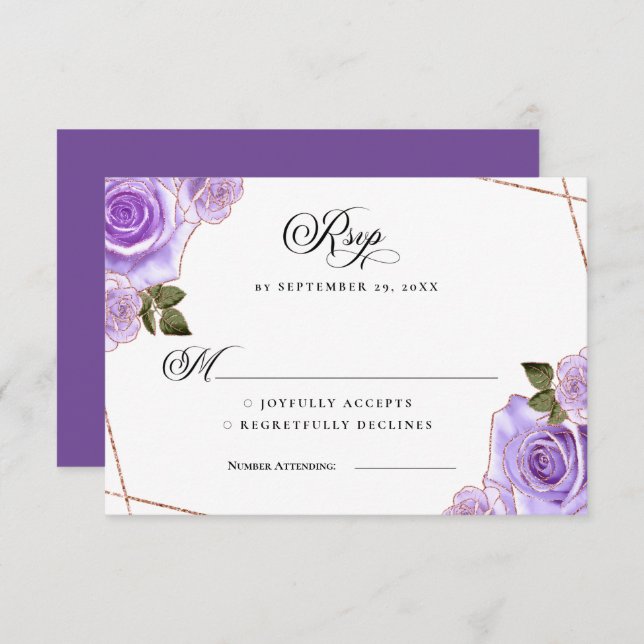 Purple and Gold Roses Glitter Wedding RSVP Invitation (Front/Back)