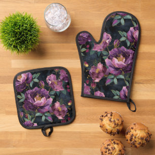 Purple and Gold Roses Oven Mitt & Pot Holder Set
