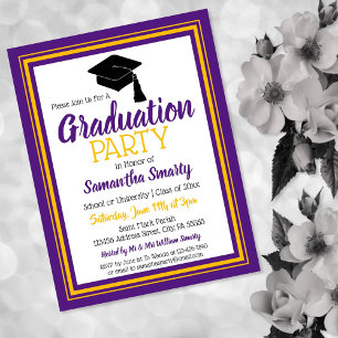 Purple and Gold School Colours Grad Party Invitation Postcard