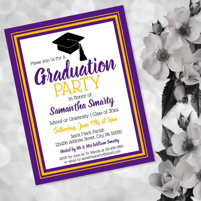Purple and Gold School Colours Grad Party Invitation Postcard (Creator Uploaded)