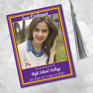 Purple and Gold School Colours Photo Graduation Announcement Postcard