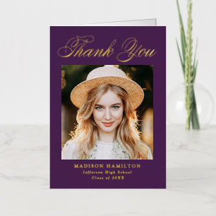 Purple and Gold Script Photo Graduation Thank You Foil Greeting Card