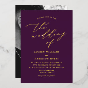 Purple and Gold Script Photo Wedding
