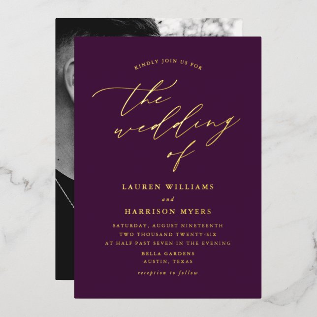 Purple and Gold Script Photo Wedding (Front/Back)