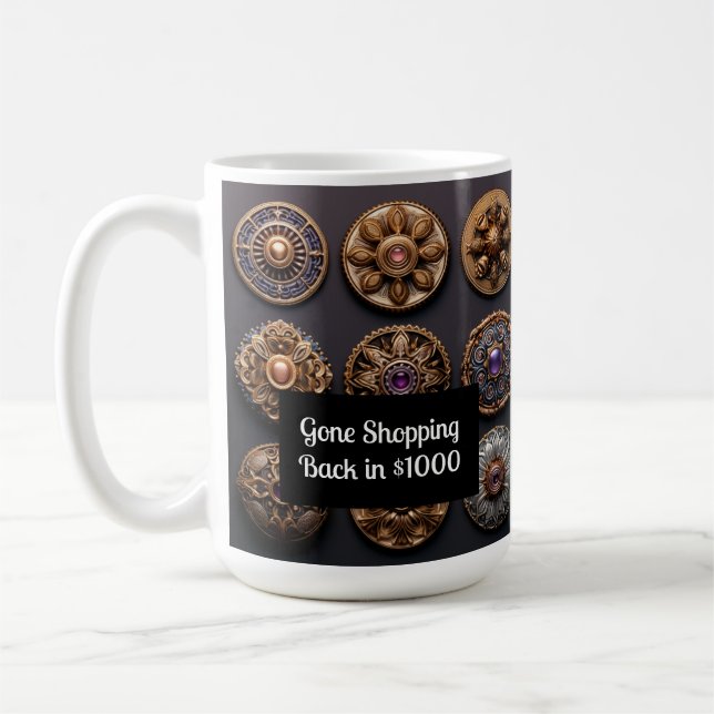 Purple and Gold Sew on Button Magic Day 2 Coffee Mug (Left)