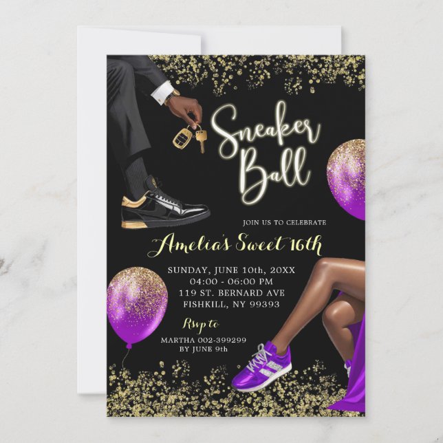 Purple and Gold Sneaker Ball Sweet 16 Birthday Invitation (Front)