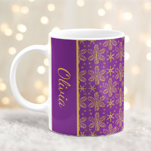 Purple and Gold Snowflakes Christmas Mug with Name