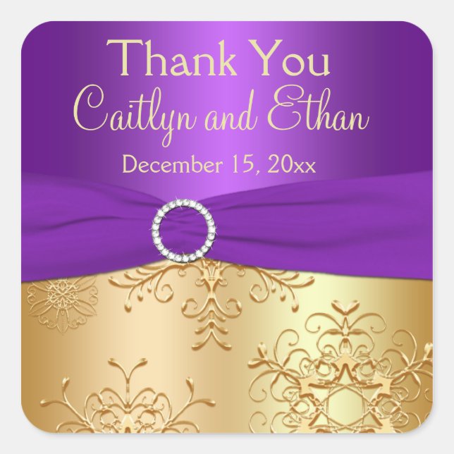 Purple and Gold Snowflakes Wedding Favour Sticker (Front)