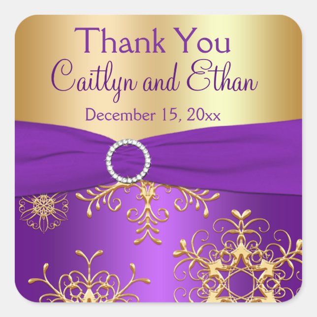 Purple and Gold Snowflakes Wedding Favour Sticker (Front)