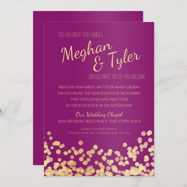 Purple and Gold Sparkle Wedding Invitation (Front/Back)