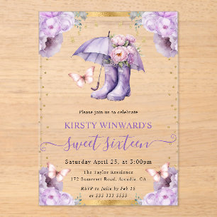 Purple and Gold Spring Umbrella Sweet 16 Acrylic Invitations
