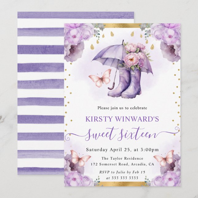 Purple and Gold Spring Umbrella Sweet 16 Invitation (Front/Back)