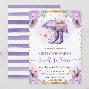 Purple and Gold Spring Umbrella Sweet 16 Invitation