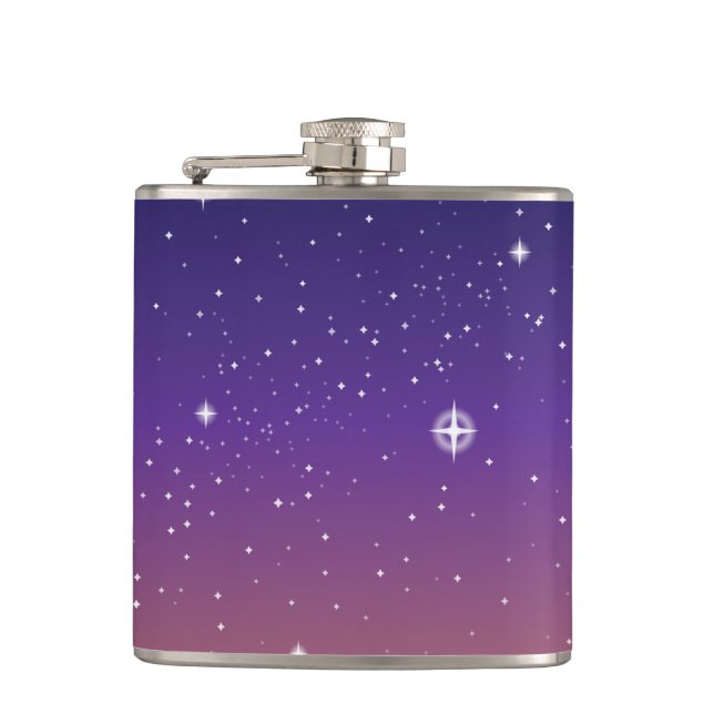 Purple and Gold Starry Sunset Sky Hip Flask (Front)