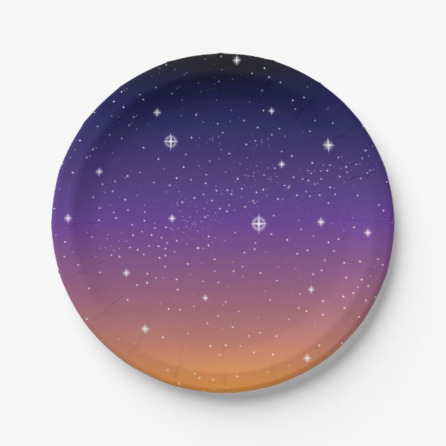 Purple and Gold Starry Sunset Sky Paper Plate (Front)