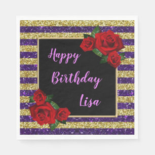 Purple And Gold Stripes Glitter Red Roses Birthday Napkin