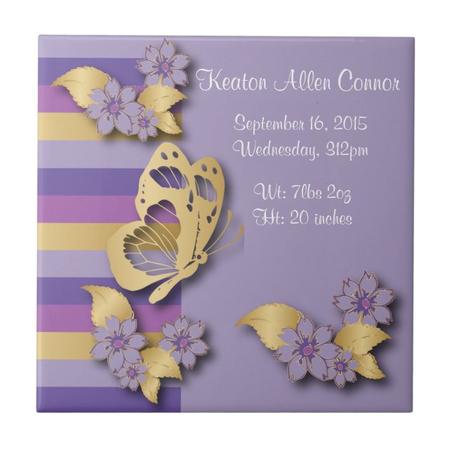 Purple and Gold Stripes with Butterflies Tile (Front)