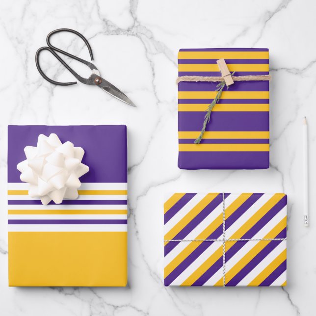 Purple and Gold Stripes Wrapping Paper Sheet (Front)
