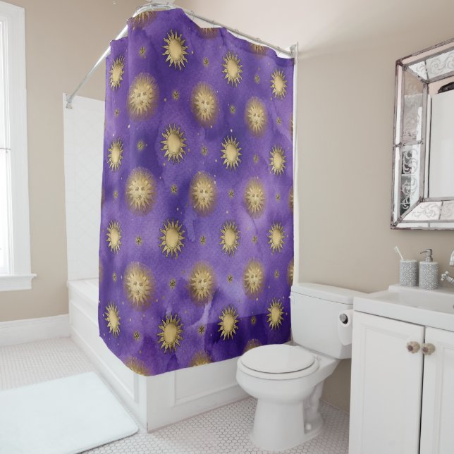 Purple and Gold Sun Celestial Shower Curtain (In Situ)
