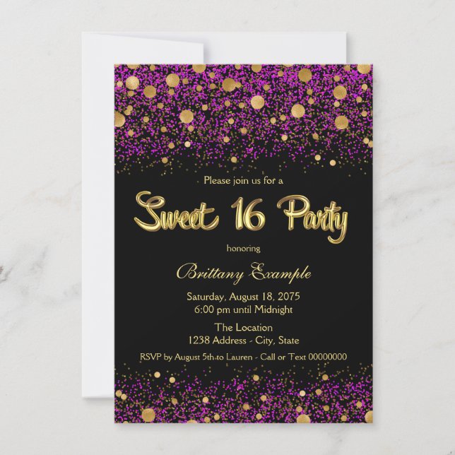 Purple and Gold Sweet Sixteen Party Invitation (Front)