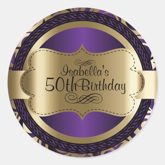 Purple and Gold Swirl Abstract Birthday Classic Round Sticker (Front)