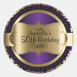 Purple and Gold Swirl Abstract Birthday Classic Round Sticker