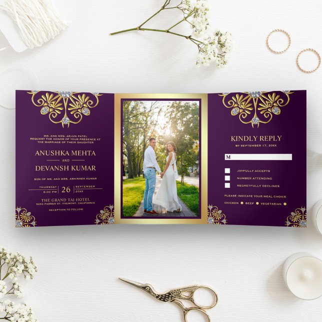 Purple and Gold Traditional Mandala Indian Wedding Tri-Fold Invitation (Creator Uploaded)