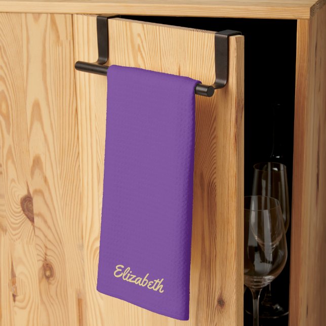Purple And Gold Trendy Script Name Elegant Tea Towel (Thirds Fold)