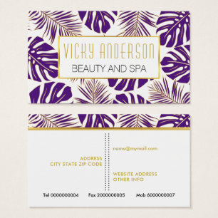 Purple and gold tropical leaves business card