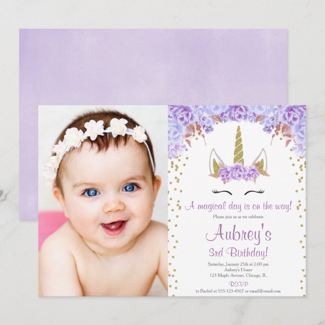 Purple and gold unicorn girl birthday photo invitation (Front/Back)