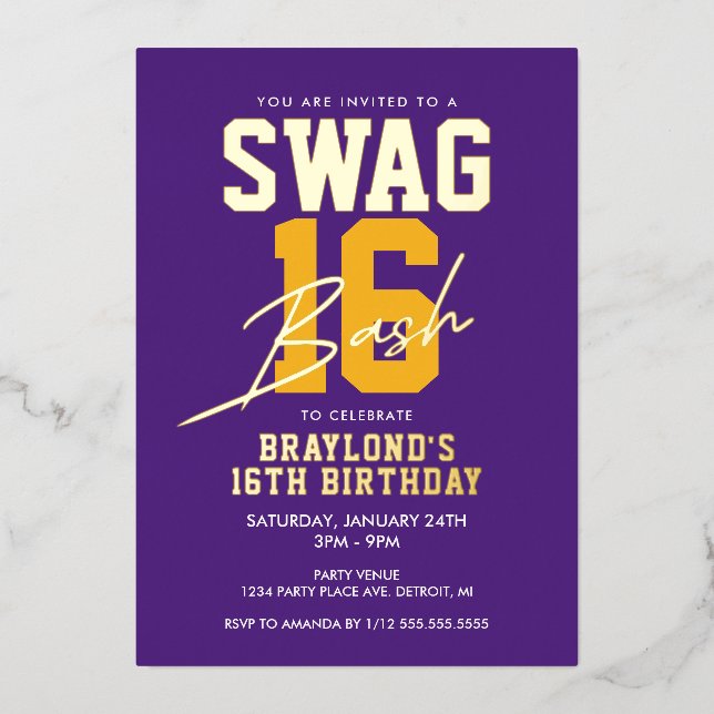 Purple and Gold Varsity Style Swag 16 Birthday (Front)