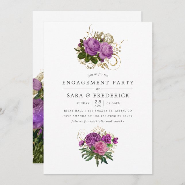 Purple and Gold Vintage Chic Engagement Party Invitation (Front/Back)
