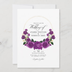 Purple and Gold Vintage Floral Wedding Photo Invitation