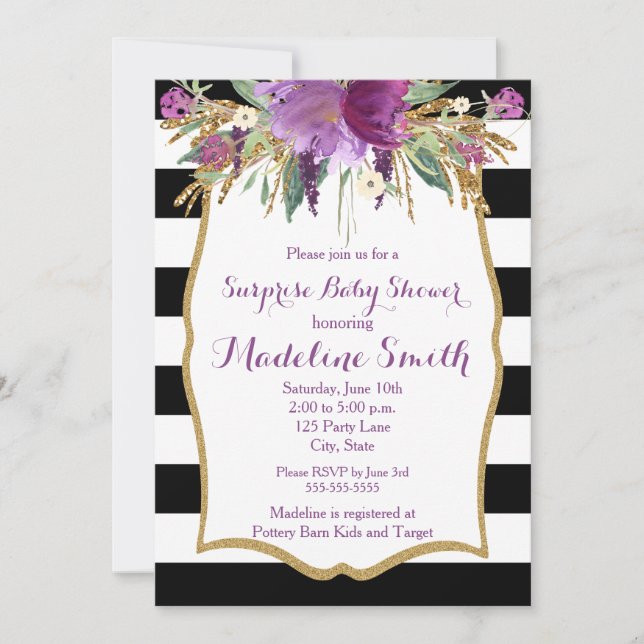Purple and Gold Watercolor Flowers Baby Shower Invitation (Front)