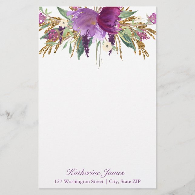 Purple and Gold Watercolor Flowers Personalised Stationery (Front)