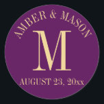 Purple and Gold Wedding Monogram Classic Round Sticker<br><div class="desc">Purple and gold monogram sticker with wedding date for invitations or favours.  Personalise as preferred.</div>