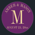 Purple and Gold Wedding Monogram Classic Round Sticker<br><div class="desc">Purple and gold monogram sticker with wedding date for invitations or favours.  Personalise as preferred.</div>
