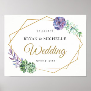 Purple and gold wedding welcome sign