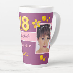 Purple and gold with name 18th birthday photo latte mug