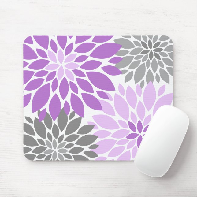 Purple and Gray Chrysanthemums Floral Pattern Mouse Pad (With Mouse)
