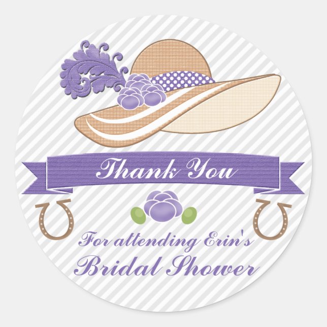 PURPLE AND GRAY DERBY THEMED SHOWER THANK YOU CLASSIC ROUND STICKER (Front)