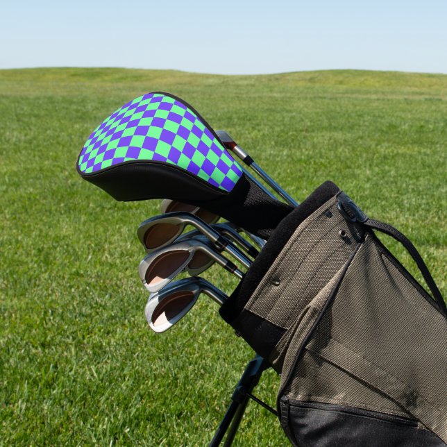 Purple and Green Chequerboard Pattern Golf Head Cover (In Situ)